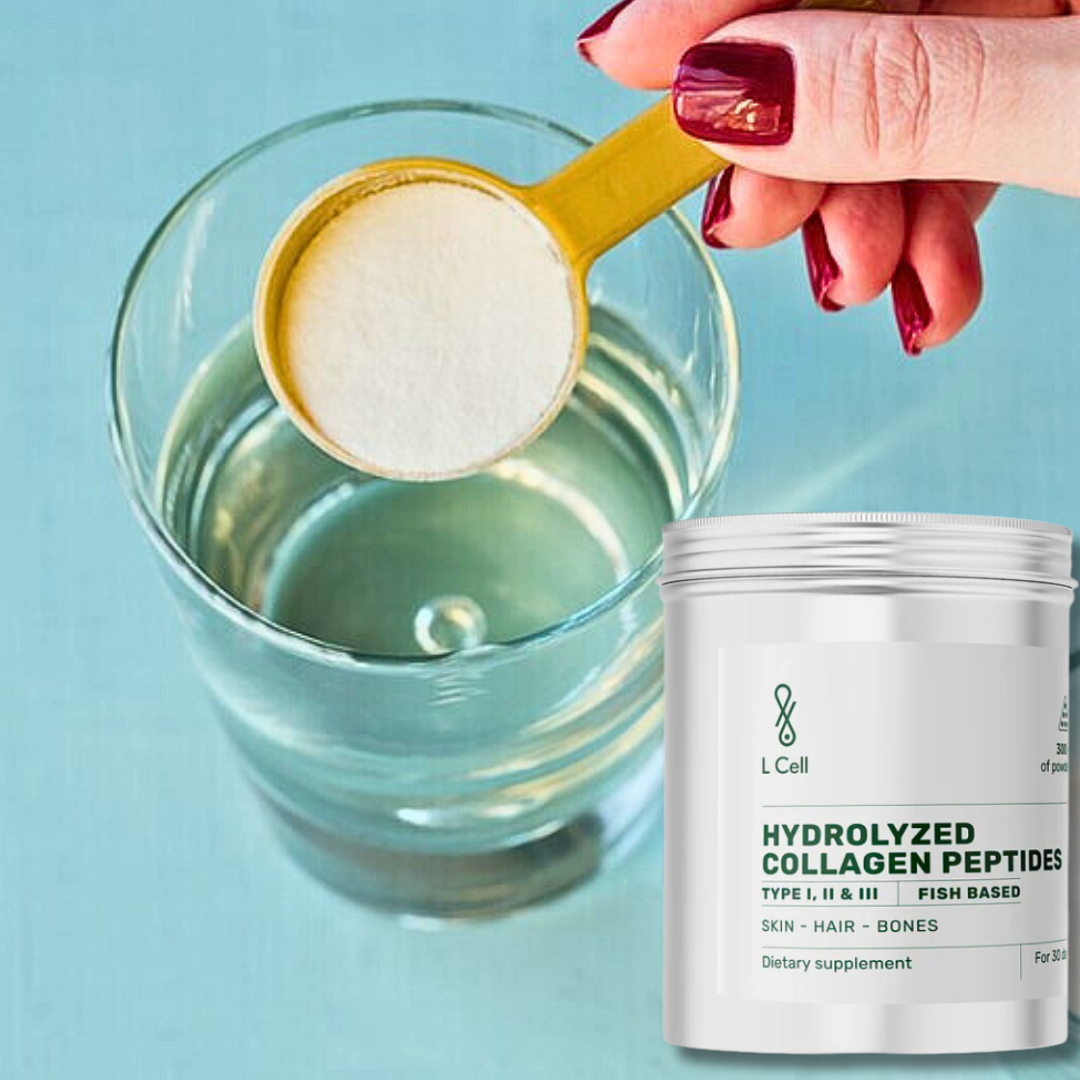 Hand scooping white collagen powder into a glass of water, with L Cell Hydrolyzed Collagen Peptides (fish-based, Types I–III) tub in the foreground.